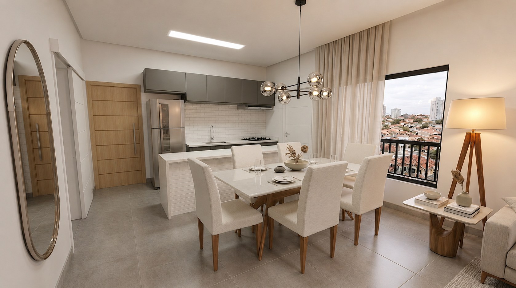Cozinha integrada à sala de jantar do apartamento