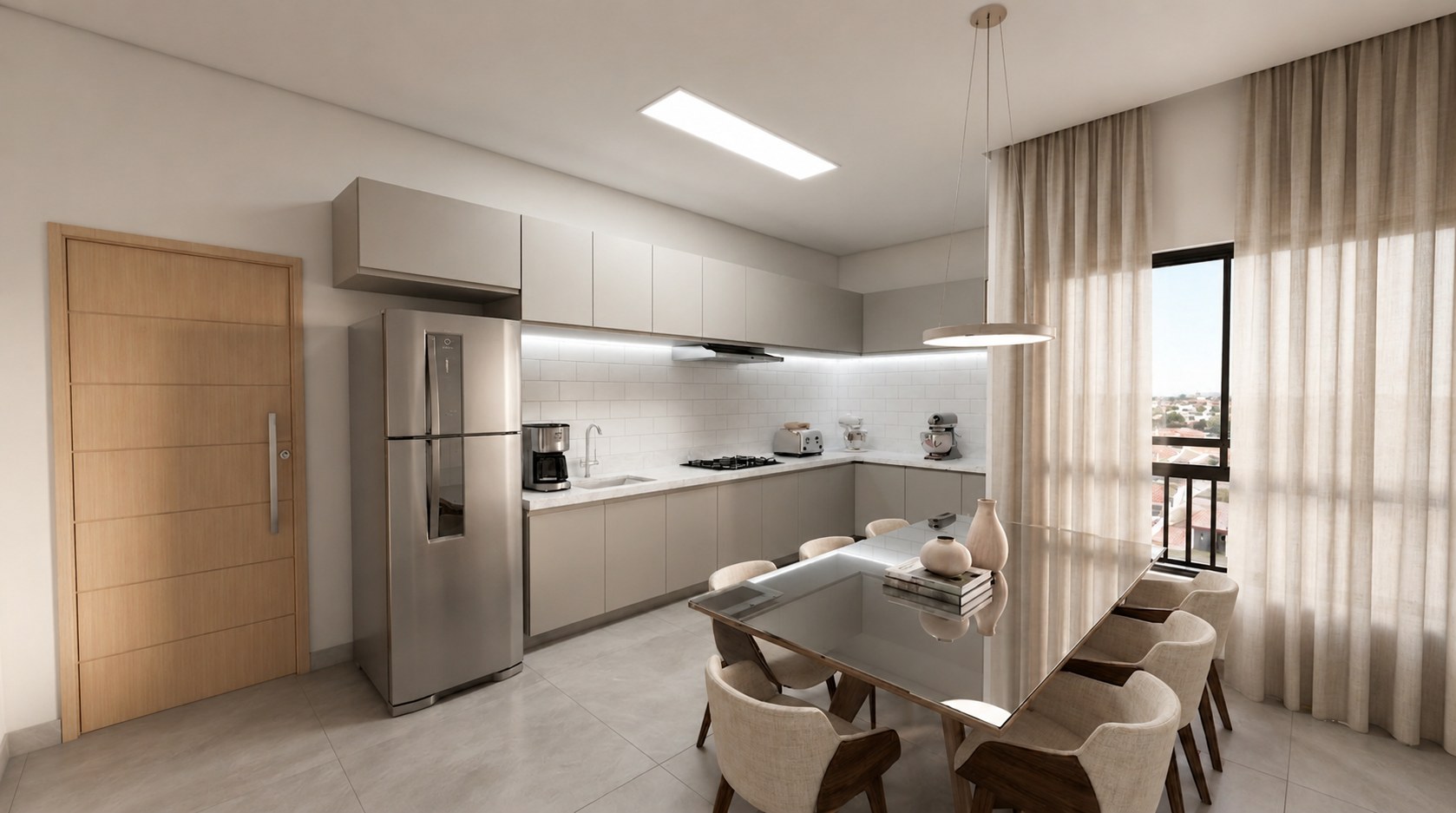 Cozinha e sala de jantar da cobertura duplex