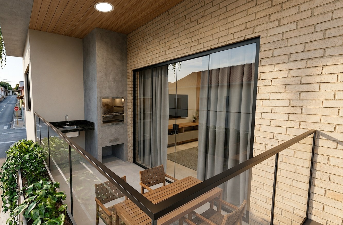 Varanda gourmet com churrasqueira do apartamento Nordic Aurora